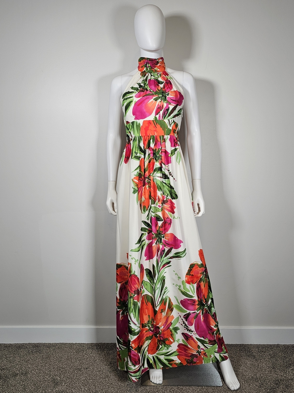 Eliza J White Halter Maxi Dress with Pink & Orange Floral Print Sz 6